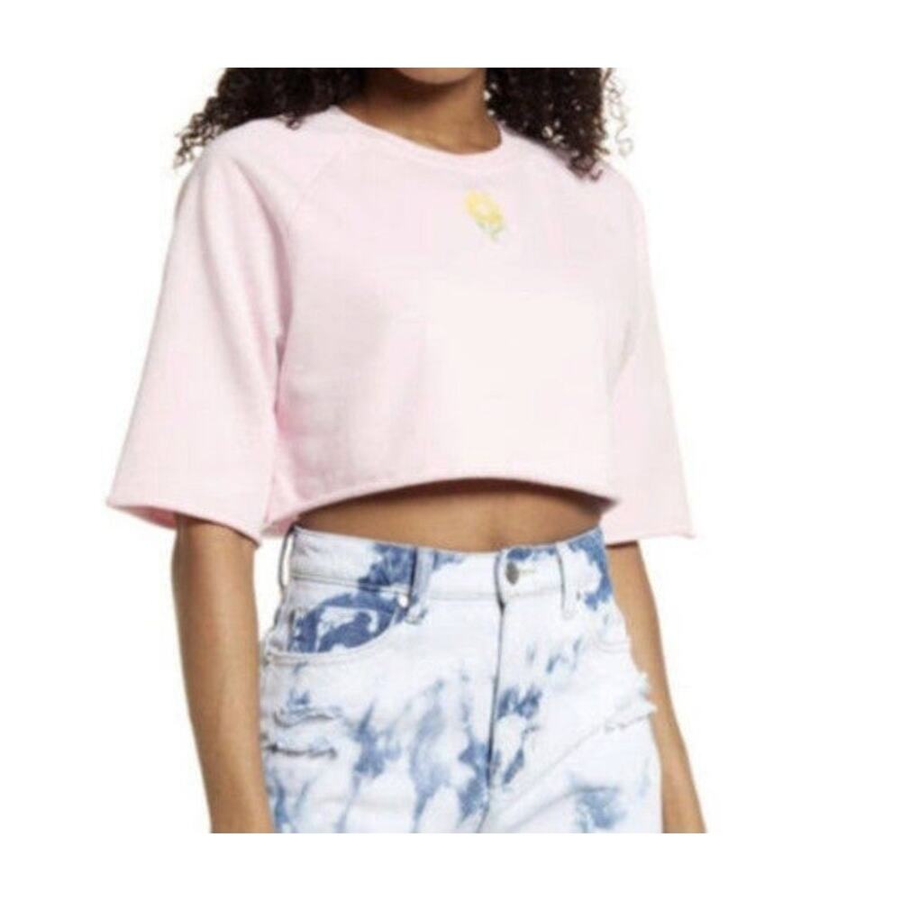 Bp: yellow flower embroidered pink crop top size s
